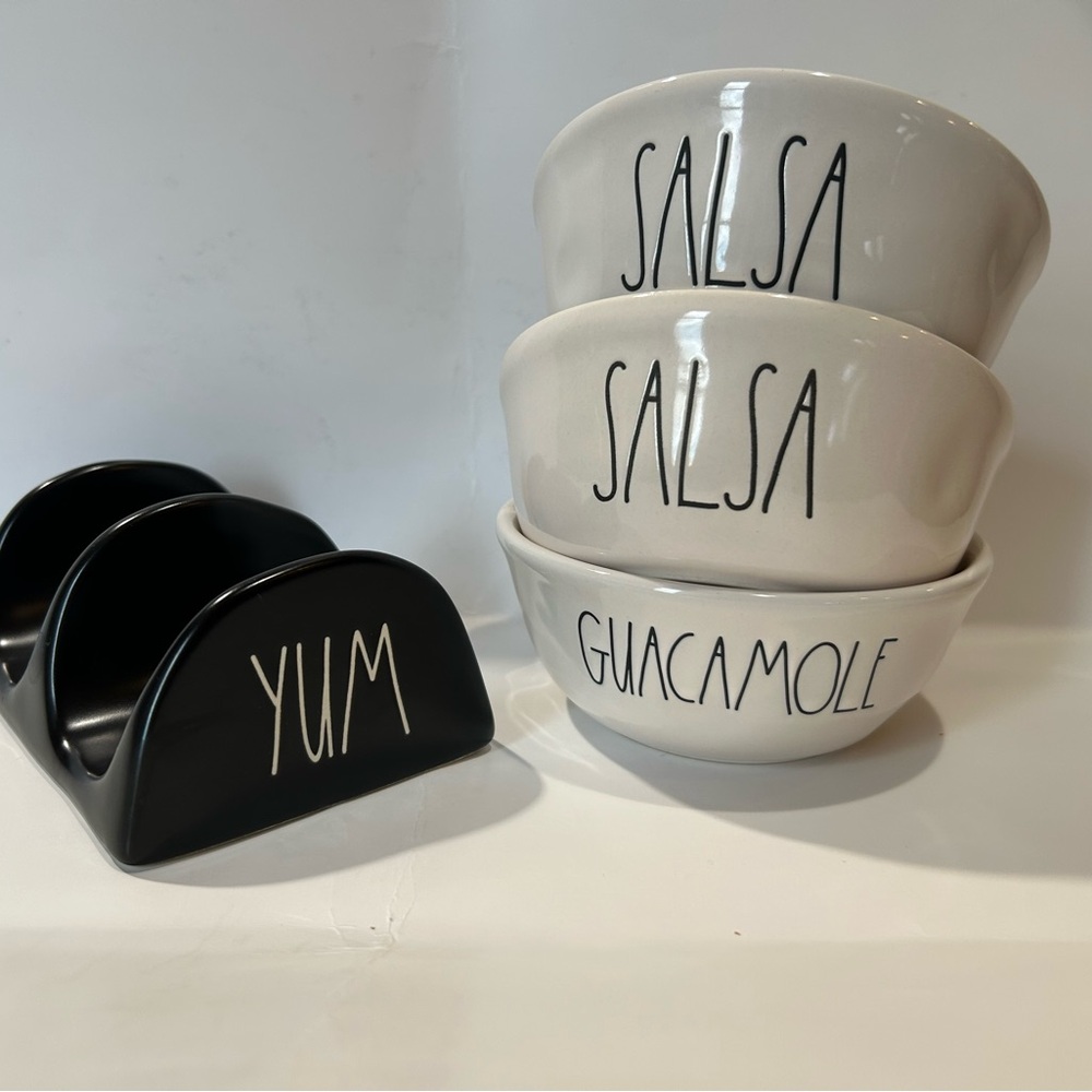 Rae Dunn, 4 total items. 2 salsa, 1 quac, 1 taco holder